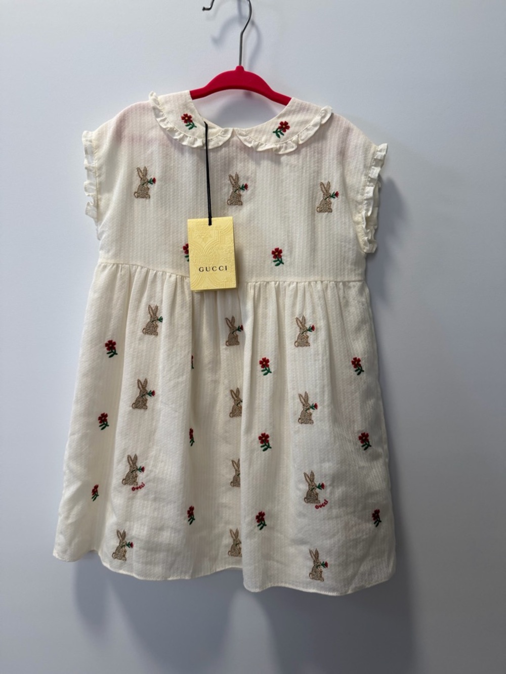 Gucci Cream Kids Bunny Embroidered Dress with Red & Green Accents